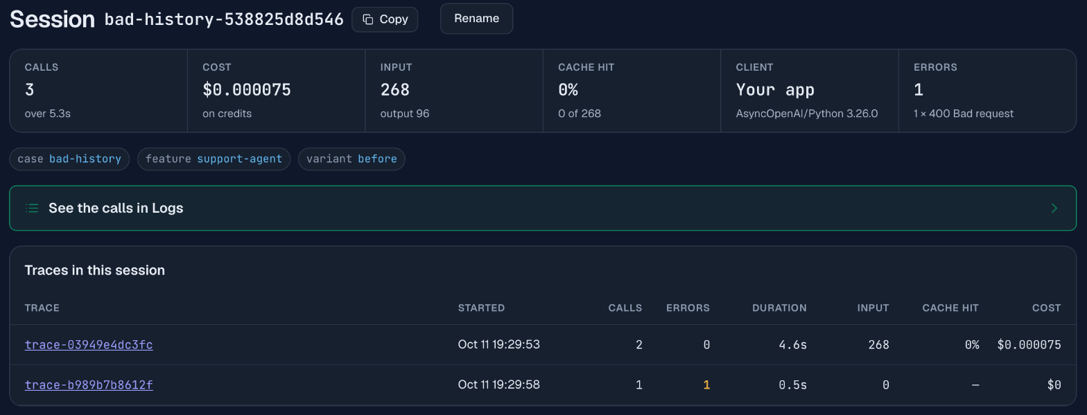 A session page with 3 calls and 1 error, listed as 1 × 400 Bad request. Its two traces: the first with 2 calls, no errors, 4.6 s and 268 input tokens, the second with 1 call, 1 error, 0.5 s, 0 input tokens and a cost of $0