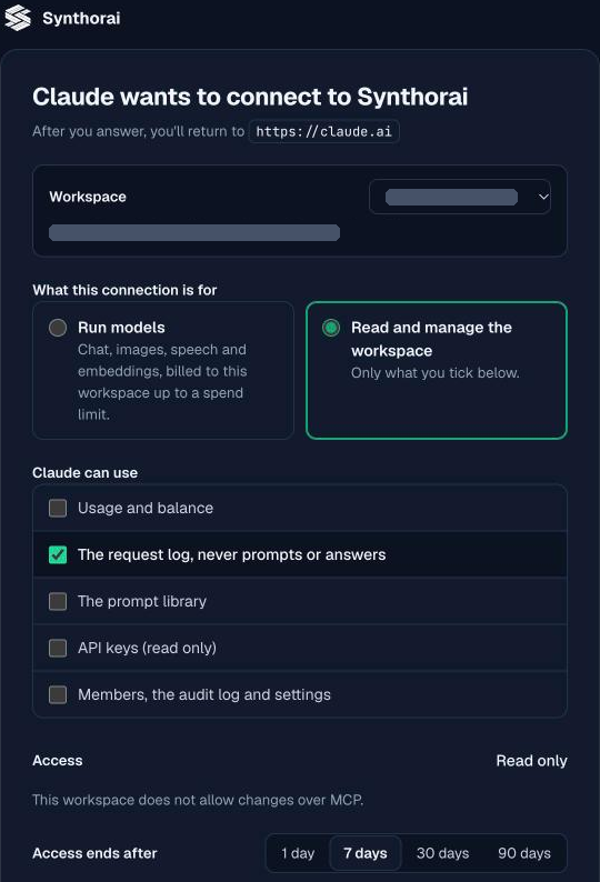 The approval page titled Claude wants to connect to Synthorai. A workspace picker, two purposes (Run models, or Read and manage the workspace), five checkboxes with only "The request log, never prompts or answers" ticked, access shown as read only, and an expiry choice of 1, 7, 30 or 90 days with 7 selected