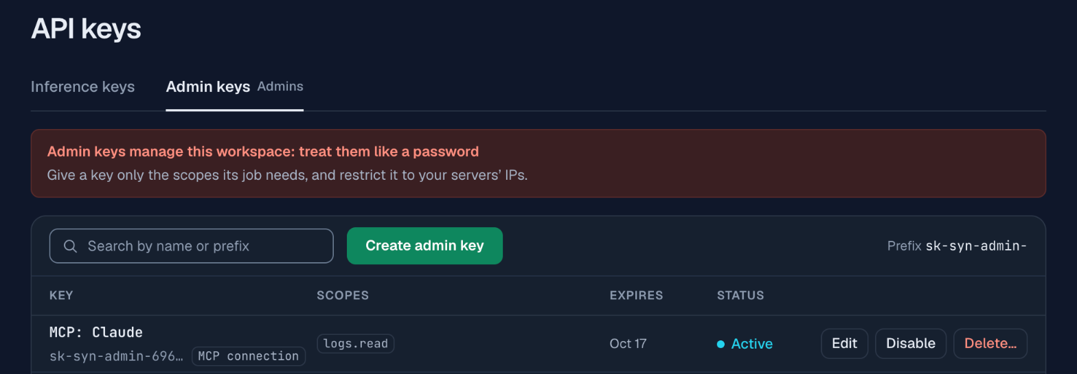 The Admin keys tab with a key named MCP: Claude, tagged MCP connection, with the scope logs.read, expiring Oct 17, status Active, and Edit, Disable and Delete buttons