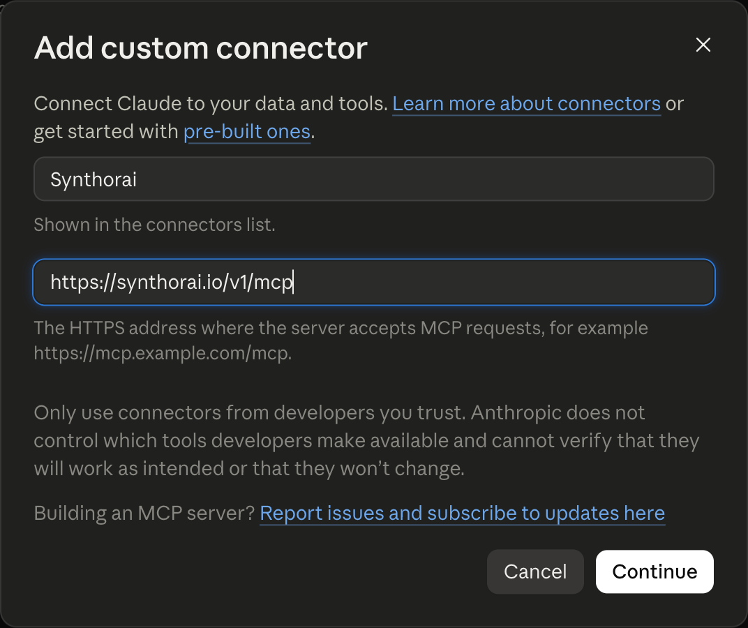 The Add custom connector dialog with the name Synthorai and the MCP server URL https://synthorai.io/v1/mcp filled in