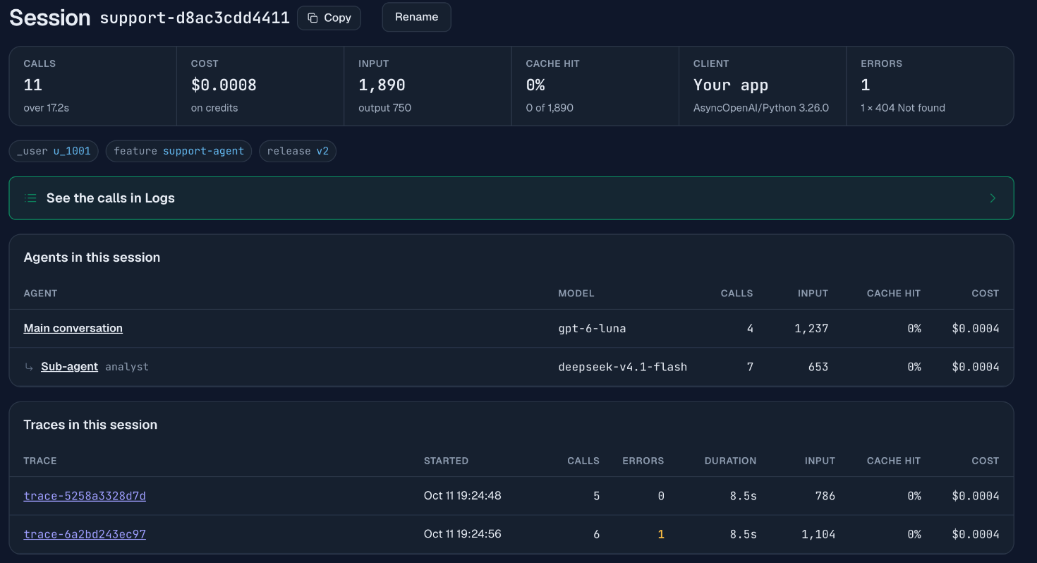 A session in the console: 11 calls costing $0.0008 with one 404, the labels _user, feature and release, an agents table with the main conversation on gpt-6-luna and the analyst sub-agent on deepseek-v4.1-flash, and the two traces of the session with their duration, input, cache hit and cost