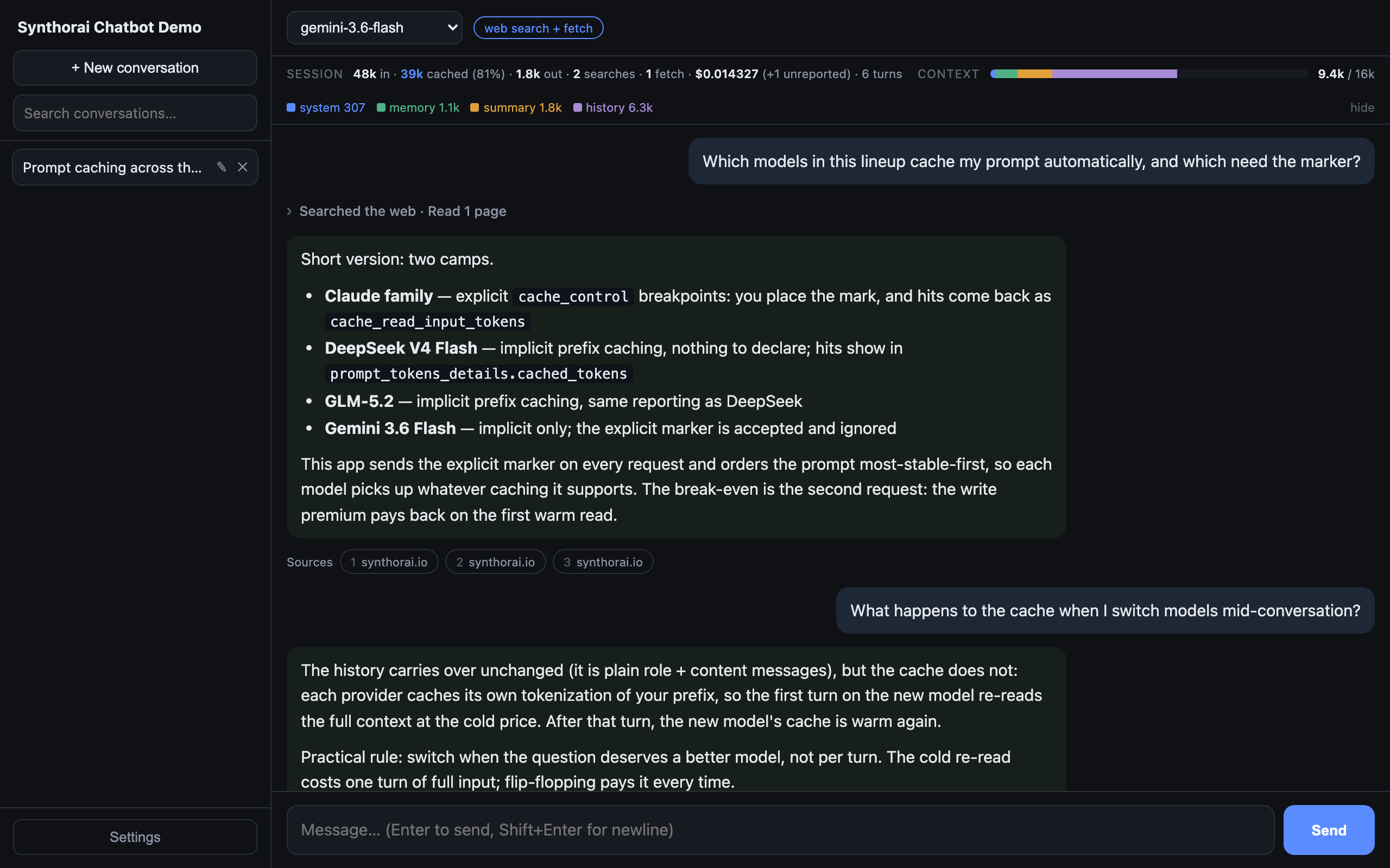 The demo mid-conversation: model picker and web-search pill in the top bar, session totals and the segmented context bar above the chat, a collapsed activity trail, a markdown reply with source chips, and the conversation sidebar
