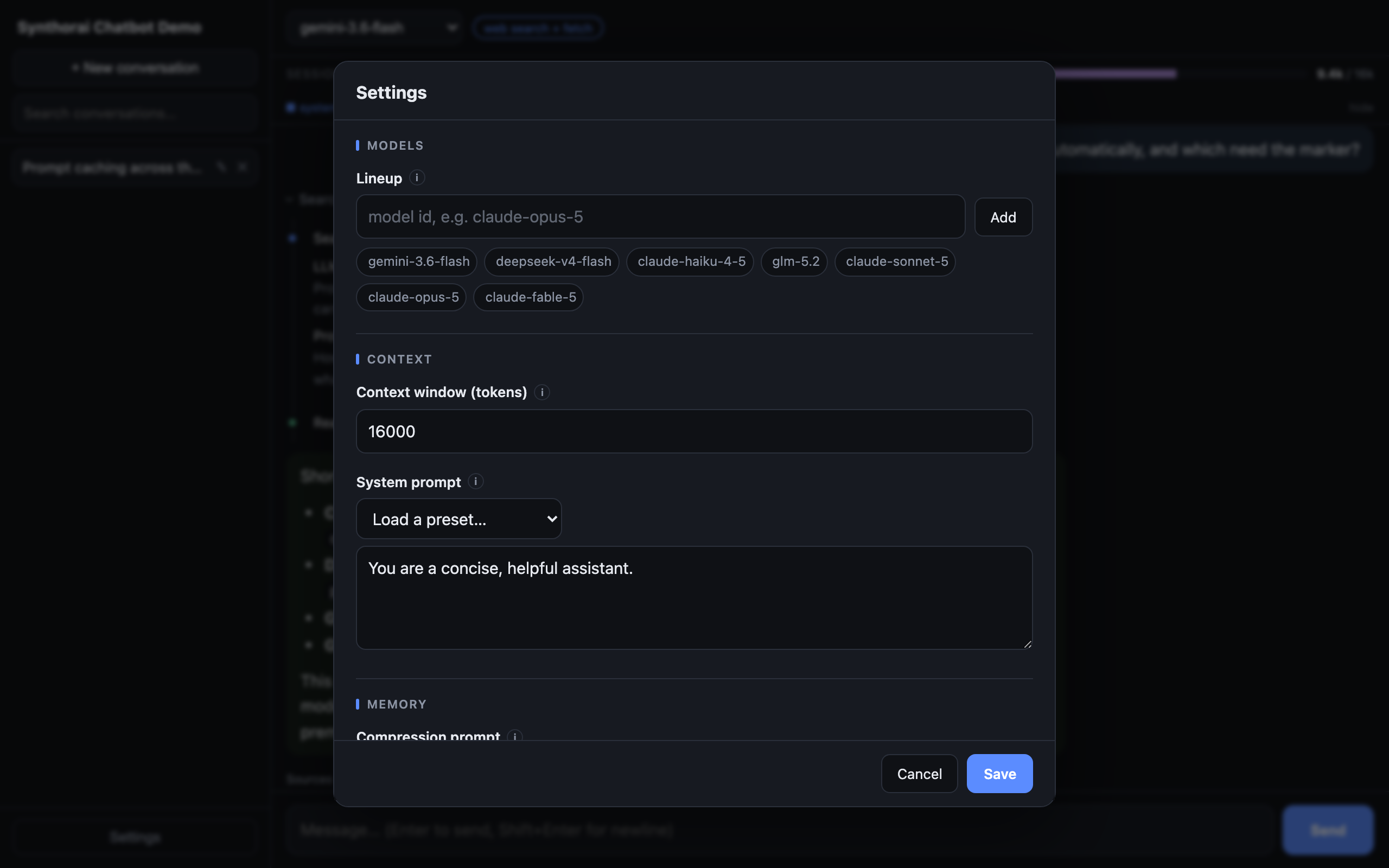 The Settings panel: the model lineup as removable chips with an add field, the per-conversation context window, a preset dropdown over the editable system prompt, and the memory section below
