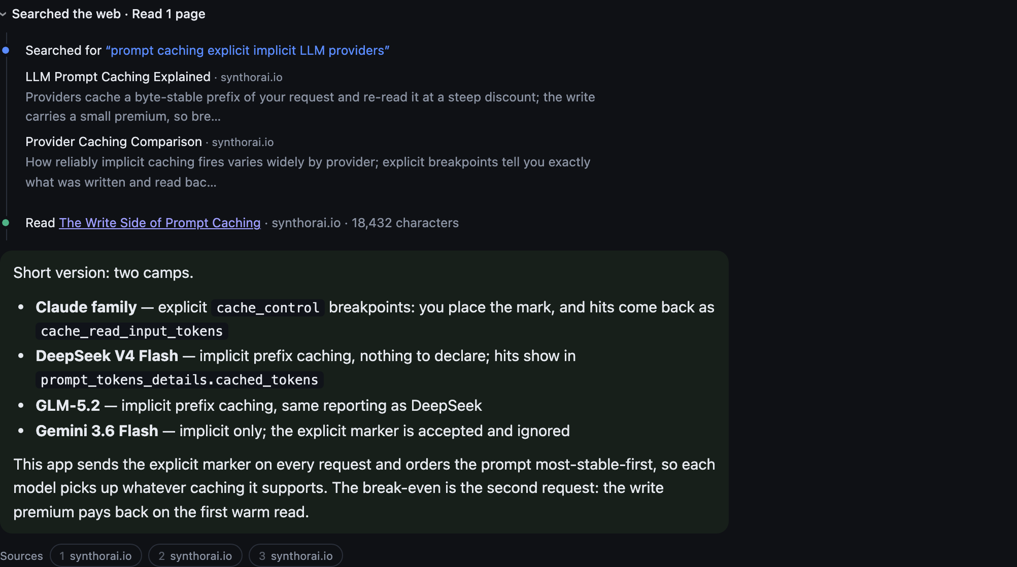 An expanded activity trail above a reply: the search step with its query and two results, the fetch step with the page and its size, and the source chips underneath