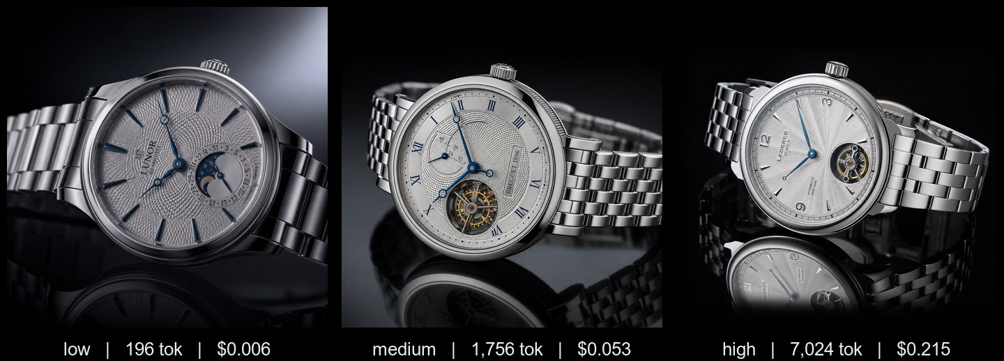 The same prompt rendered by gpt-image-2 at low, medium and high quality: three equally sharp 1024² product photos labelled 196 / 1,756 / 7,024 output tokens and $0.006 / $0.053 / $0.215.