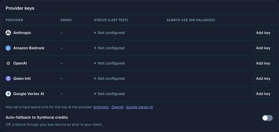 BYOK page, Provider keys card: Anthropic, Amazon Bedrock, OpenAI, Qwen Intl and Google Vertex AI rows, with a line under them linking to the hard spend limit settings at Anthropic, OpenAI and Google Vertex AI