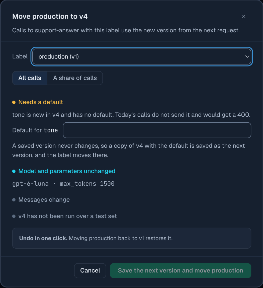 production を v4 に変更するダイアログ:v4 で追加された tone にはデフォルト値がないため、現在の呼び出しは 400 になる。tone のデフォルト値の入力欄と、次のバージョンを保存して production を変更するボタンが表示されている