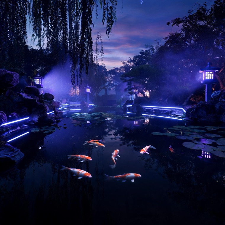 Seedream sample — Cinematic neon koi pond at dusk