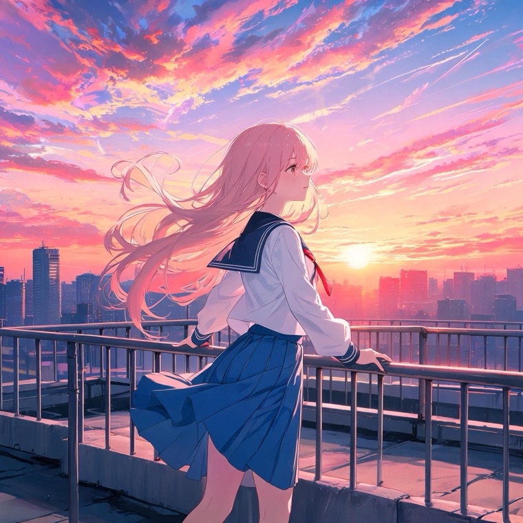Seedream sample — Anime key visual, rooftop at sunset